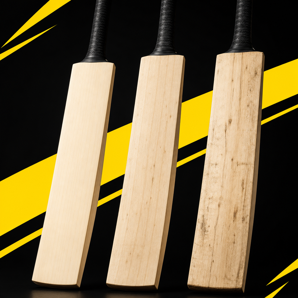 Three English Willow bat faces showing tight, moderate and wide grain with increasing blemishes