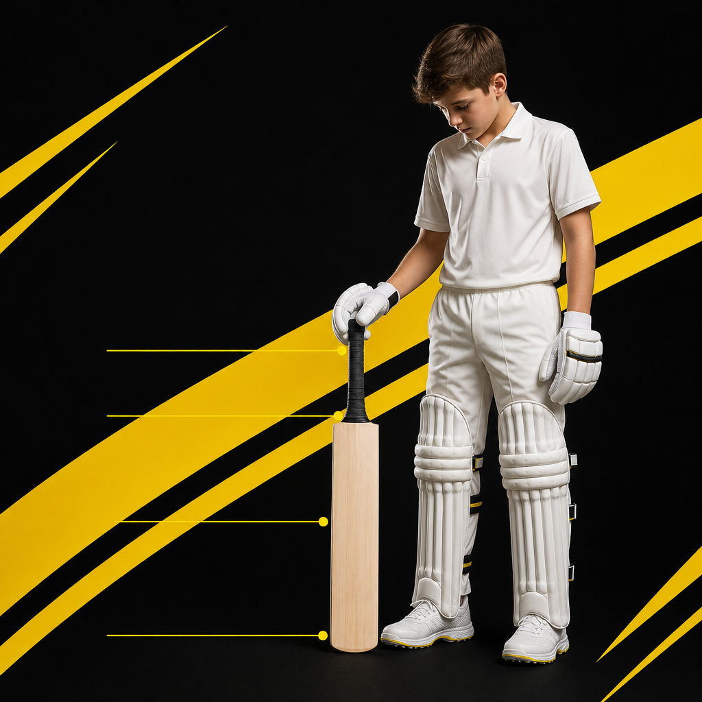 Diagram of a player beside an upright cricket bat showing handle height and labelled bat parts