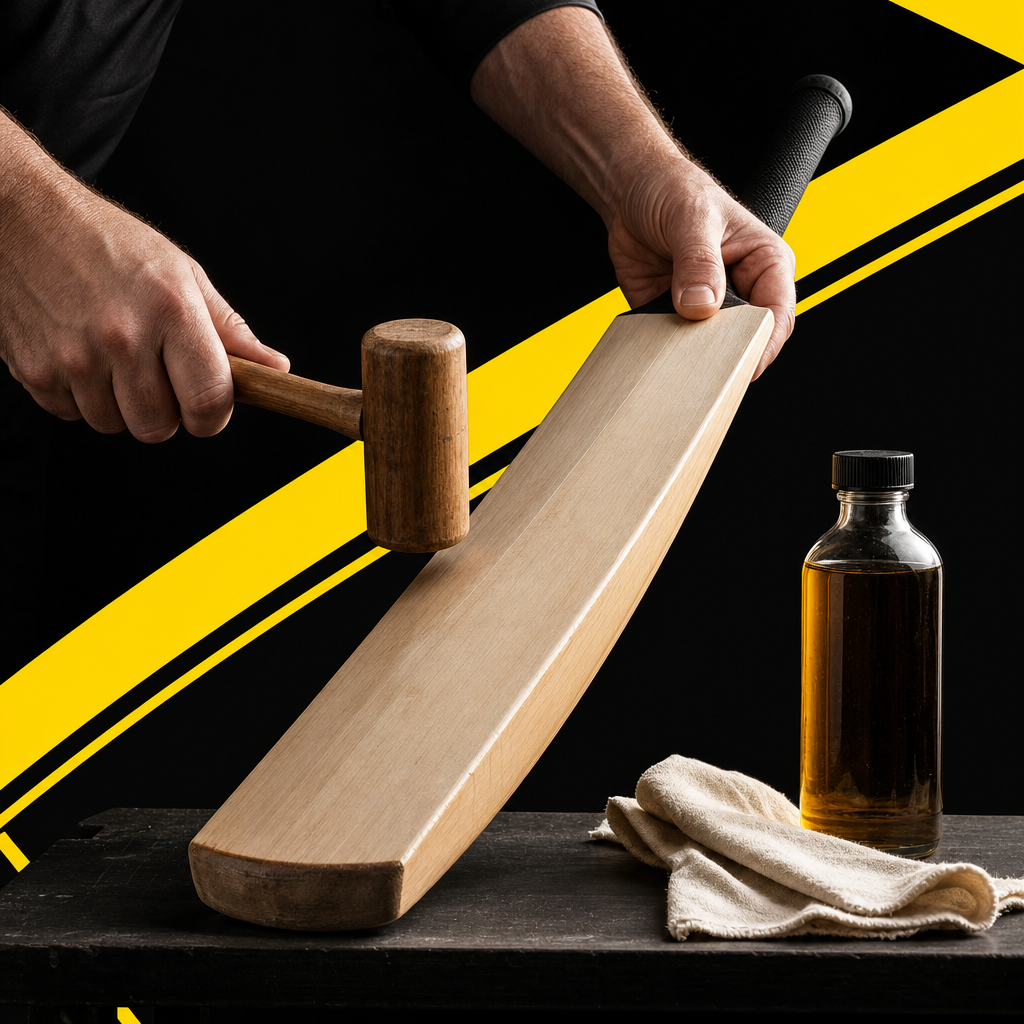 Hands using a wooden mallet to knock in a cricket bat edge beside linseed oil and a cloth