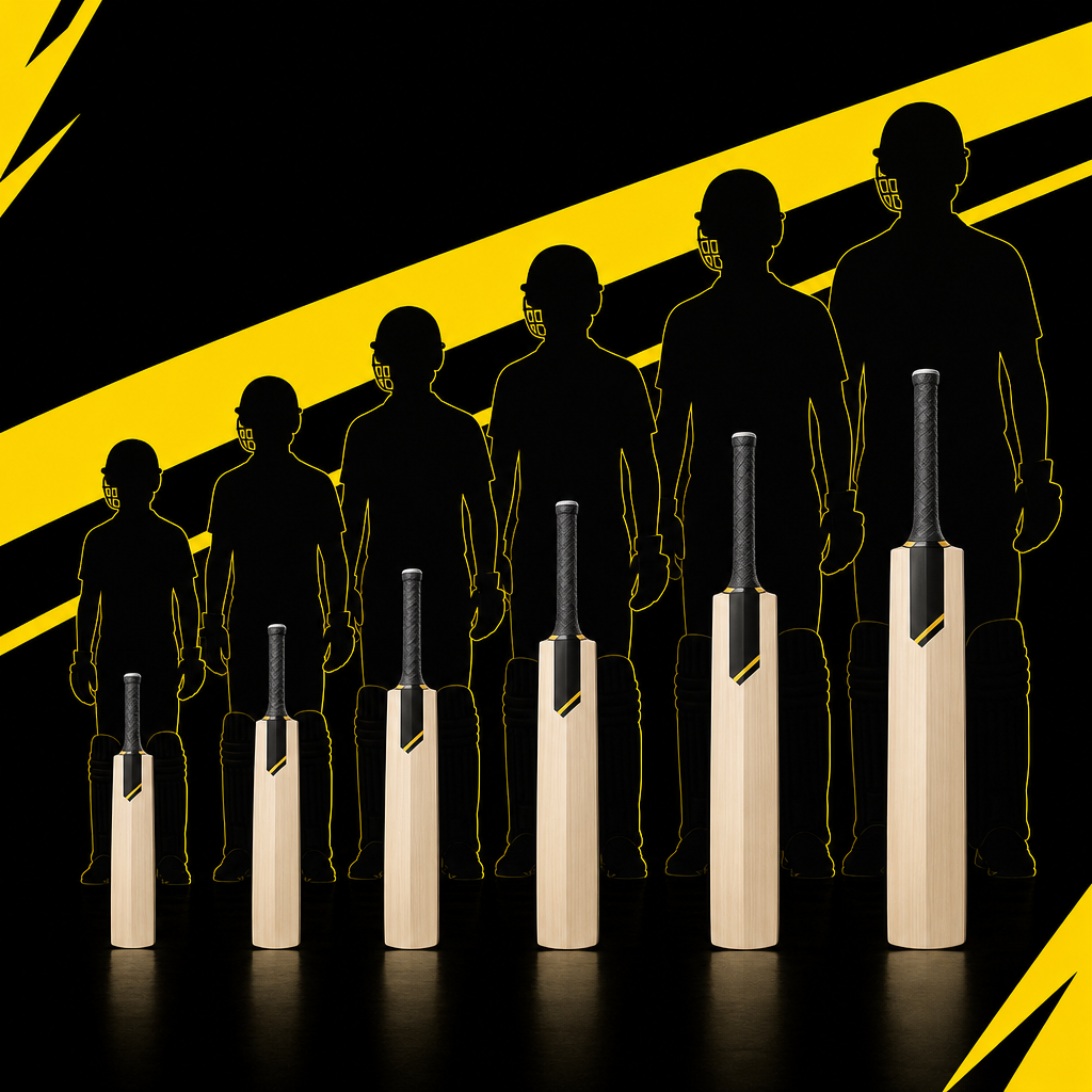 Diagram of cricket bat sizes from junior to Long Handle matched to batter height silhouettes