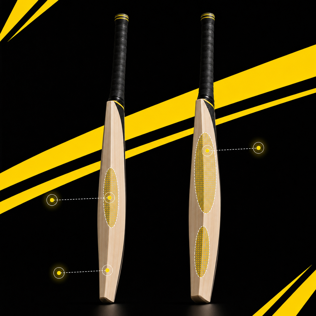 Two cricket bats compared showing different balance points and sweet spot positions