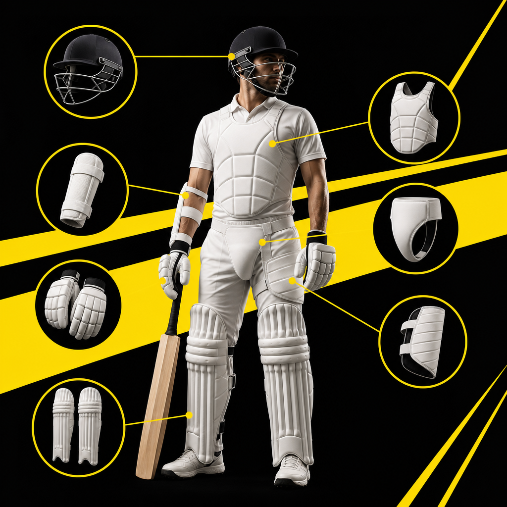 Labelled diagram of a cricket batter showing helmet, guards, gloves and pads positions