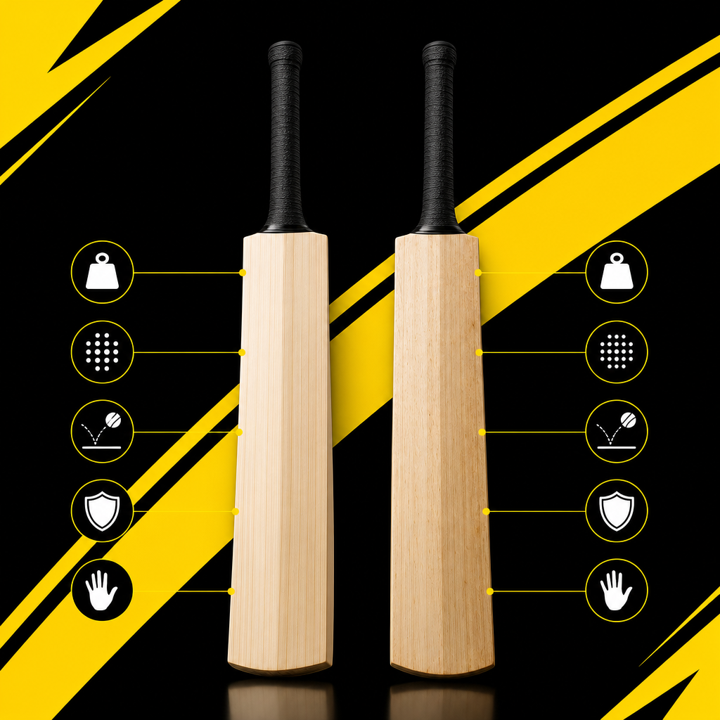 Diagram comparing English willow and Kashmir willow bats on weight, rebound and durability