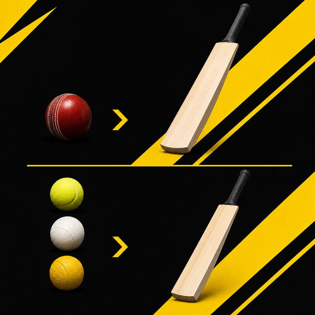 Chart matching leather balls to English willow and tennis balls to Kashmir willow bats