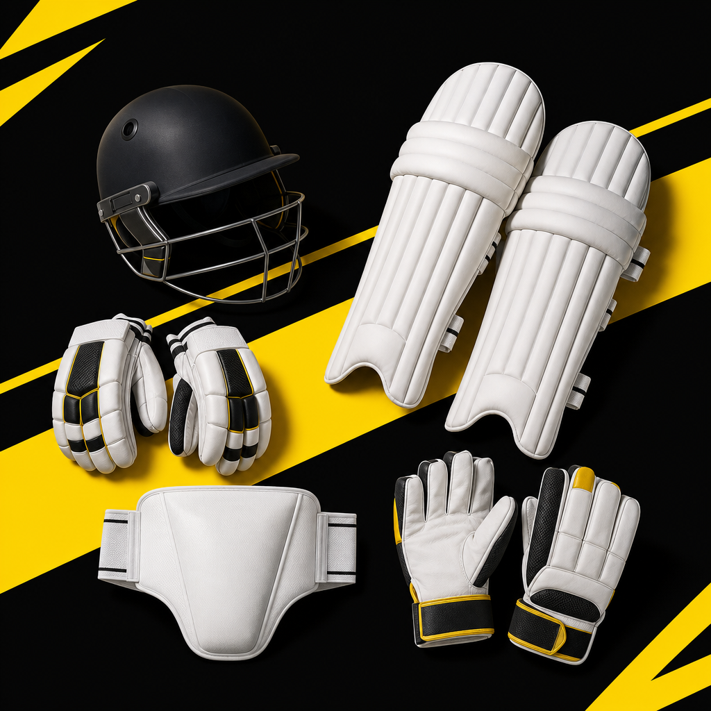 Labelled flat-lay of junior cricket helmet, pads, gloves and abdominal guard