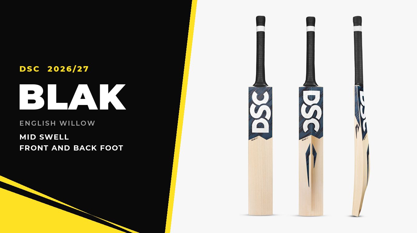 DSC Blak English willow cricket bat shown from three angles beside a yellow and black geometric panel