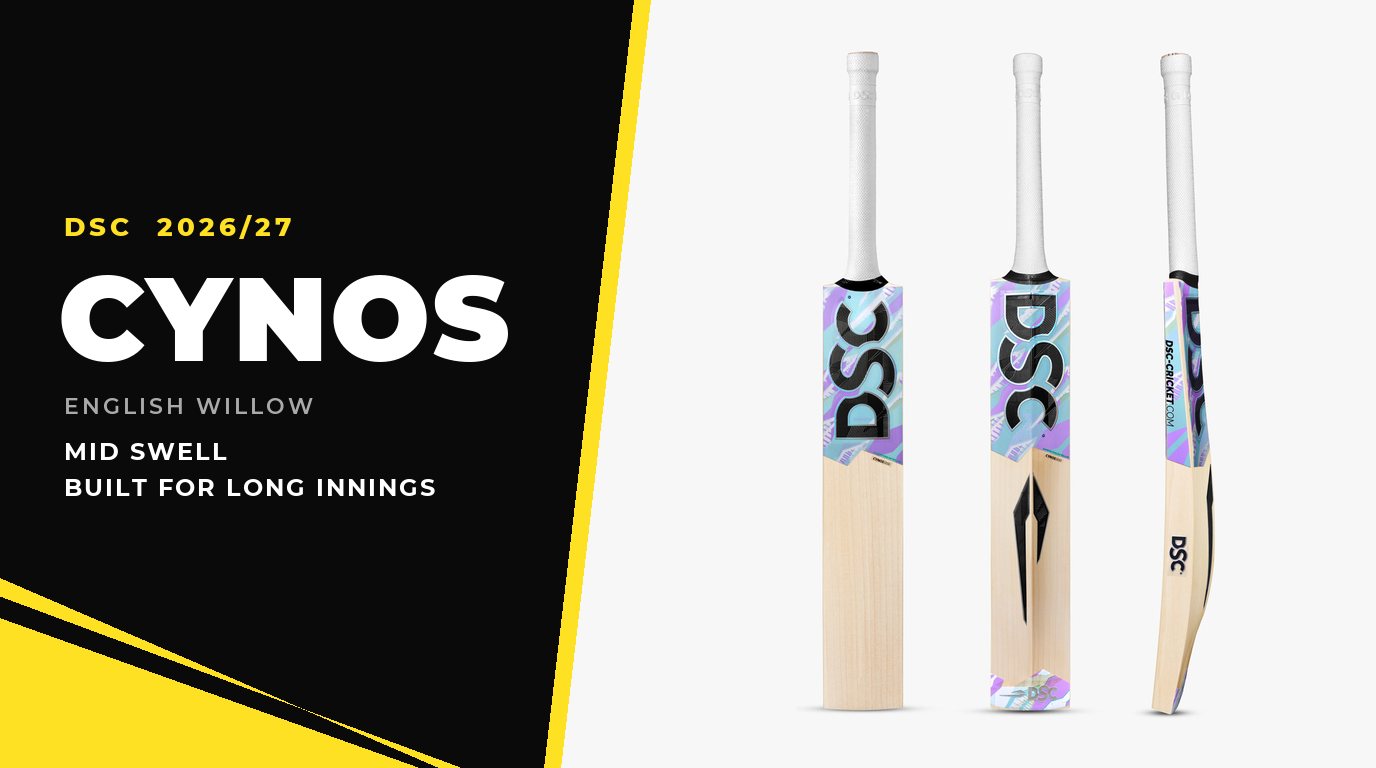 DSC Cynos English willow cricket bat shown from three angles beside a yellow and black geometric panel