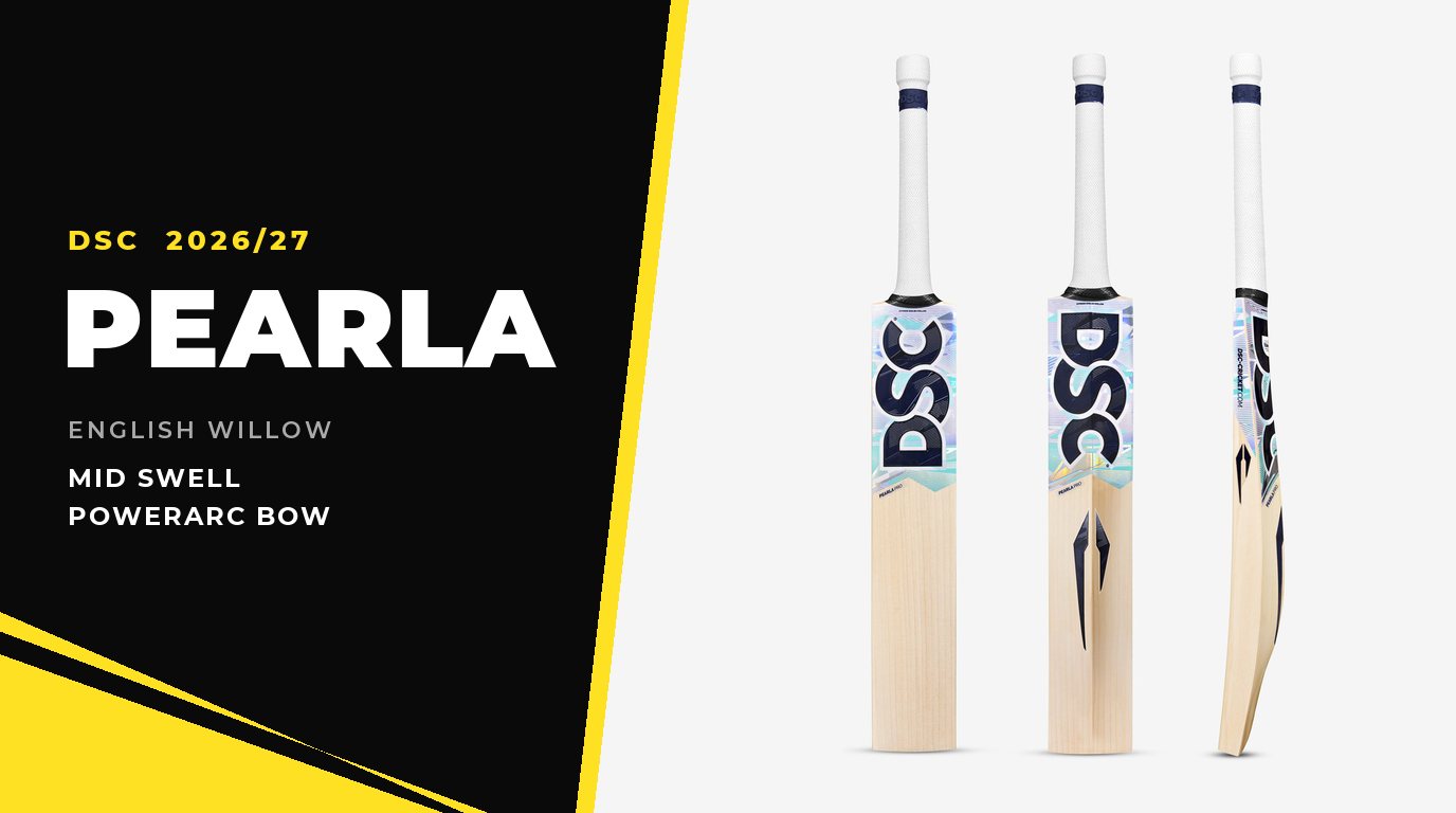 DSC Pearla English willow cricket bat shown from three angles beside a yellow and black geometric panel