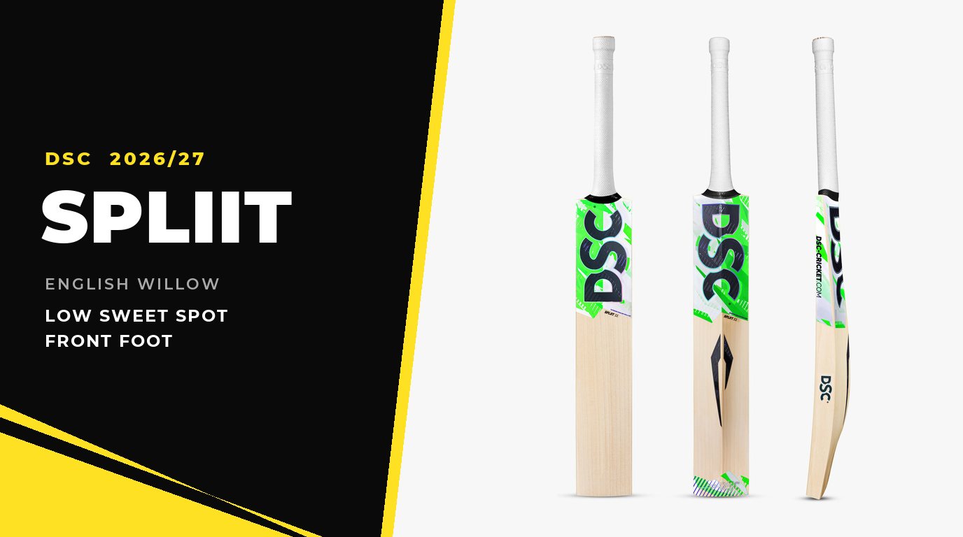 DSC Spliit English willow cricket bat shown from three angles beside a yellow and black geometric panel