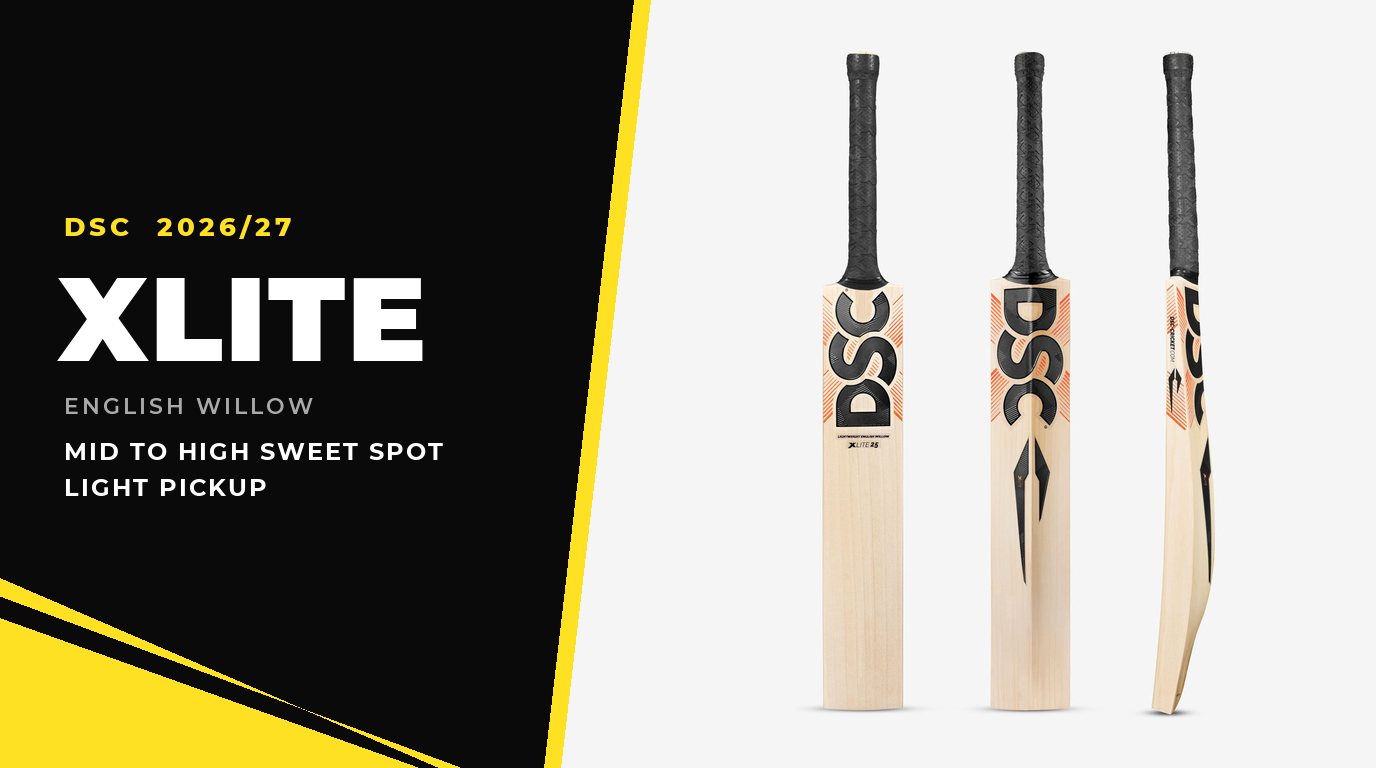 DSC Xlite English willow cricket bat shown from three angles beside a yellow and black geometric panel