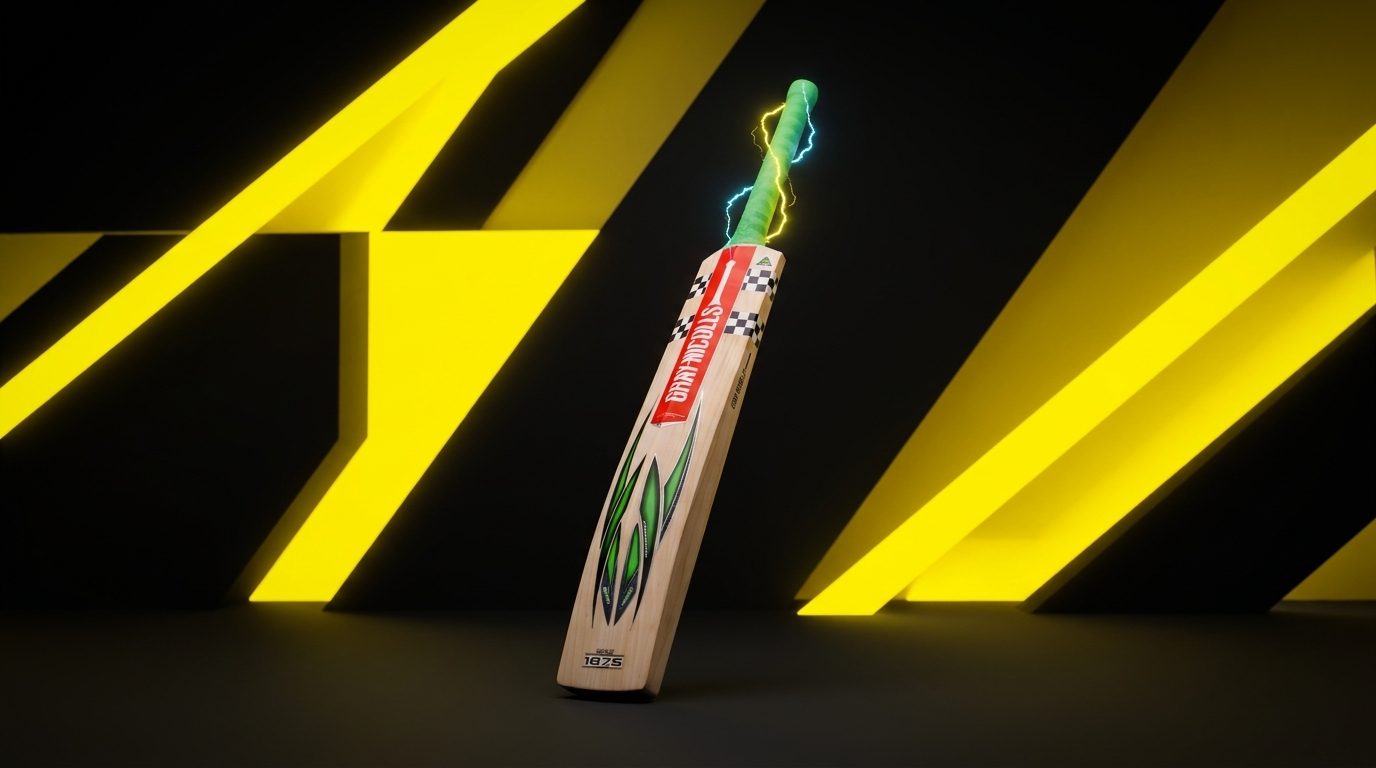 Gray-Nicolls Fusion cricket bat in a dark studio with charged yellow geometric bands