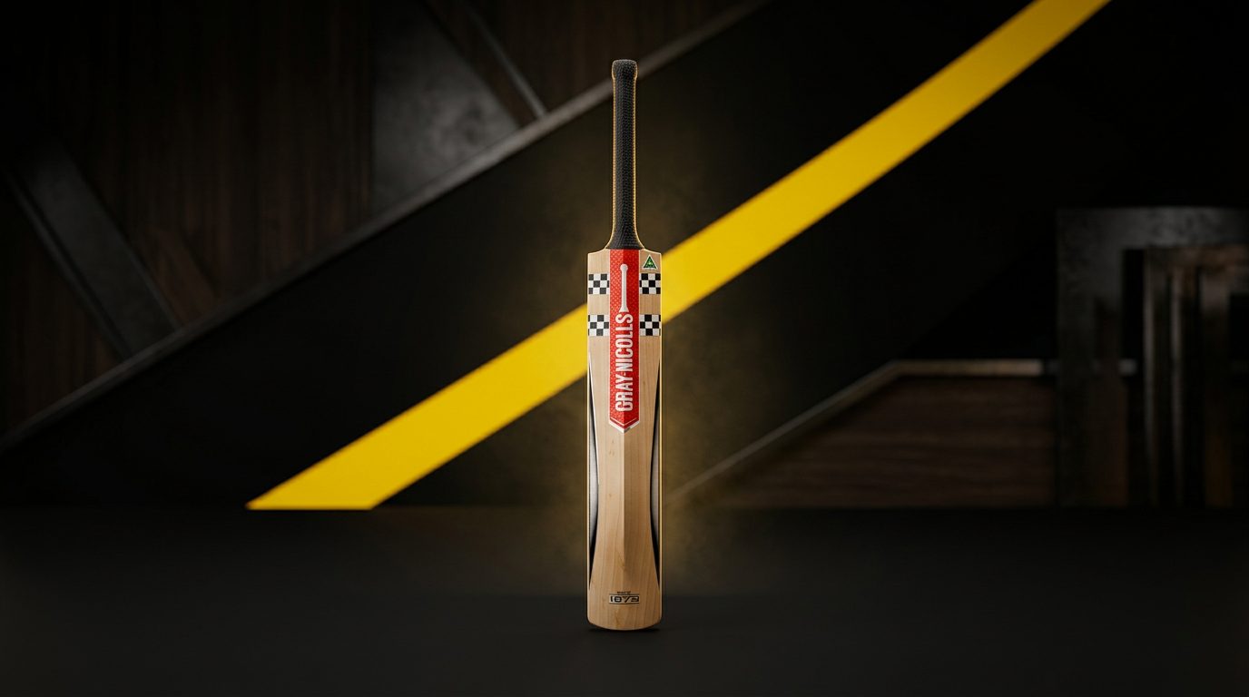 Gray-Nicolls Legend cricket bat standing in a refined dark studio with a single yellow band