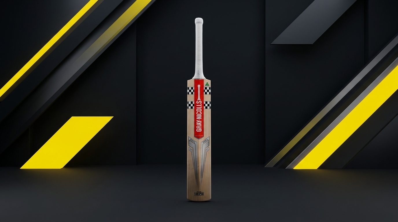 Gray-Nicolls Nova 4.0 cricket bat in a dark studio with yellow geometric panels