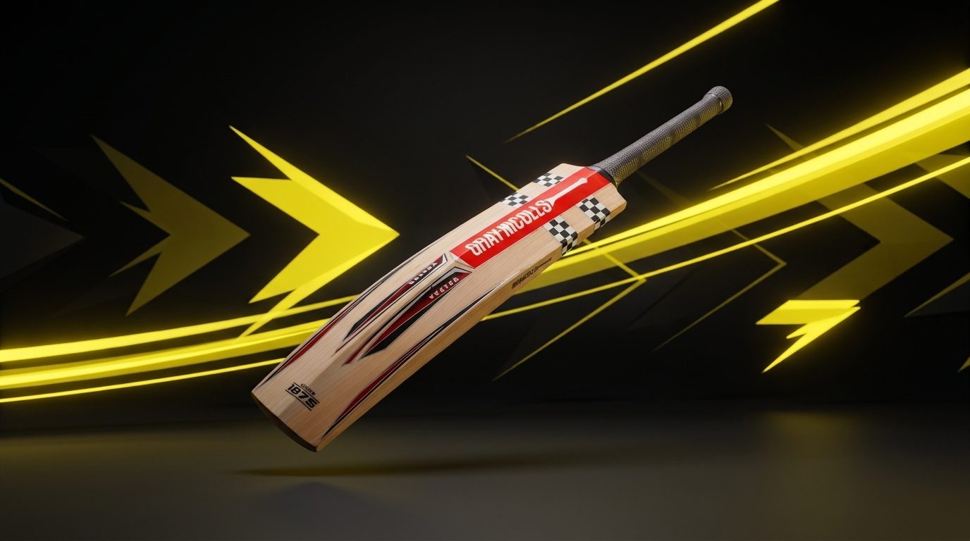 Gray-Nicolls Vector cricket bat floating among yellow geometric light trails