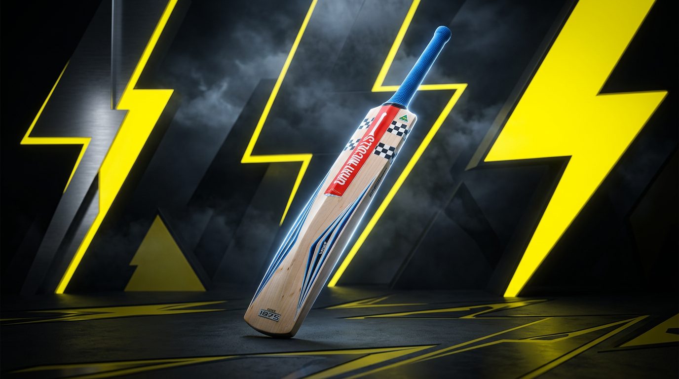 Gray-Nicolls Volt cricket bat at a driving angle among lightning-angled yellow panels