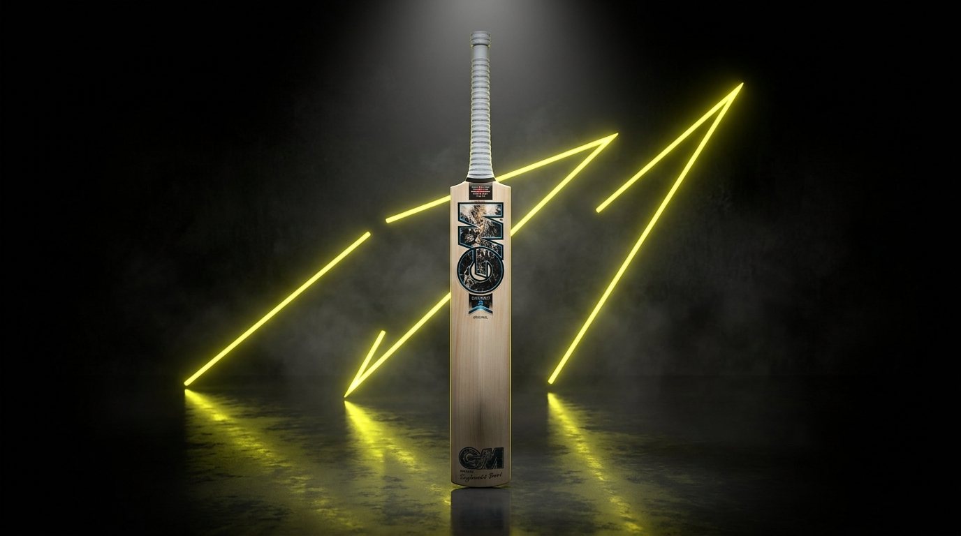 GM Diamond Original cricket bat standing in a dark studio lit by glowing yellow light beams