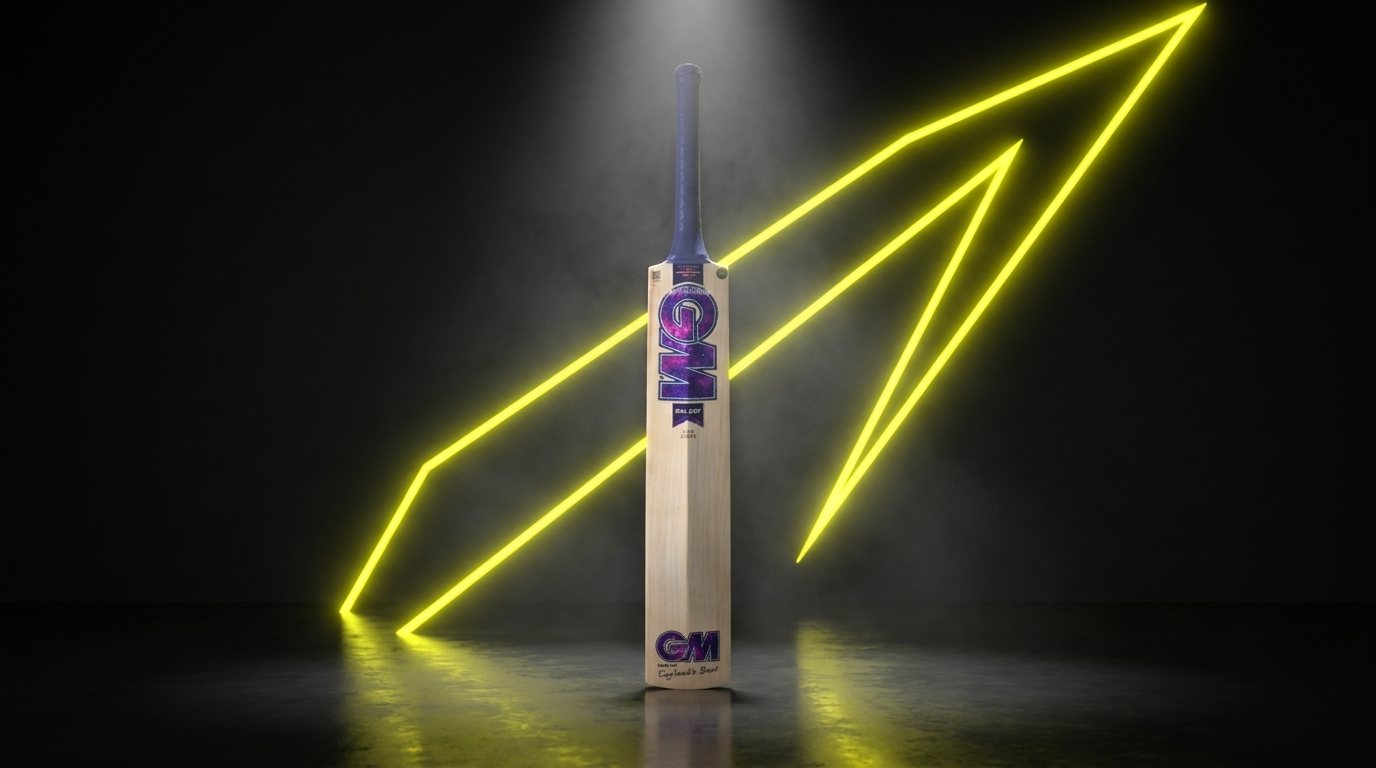 GM Galaxy cricket bat with purple galaxy stickers standing in a dark studio lit by glowing yellow light beams