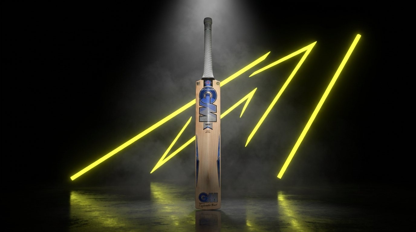GM Maxi cricket bat with blue stickers standing in a dark studio lit by glowing yellow light beams