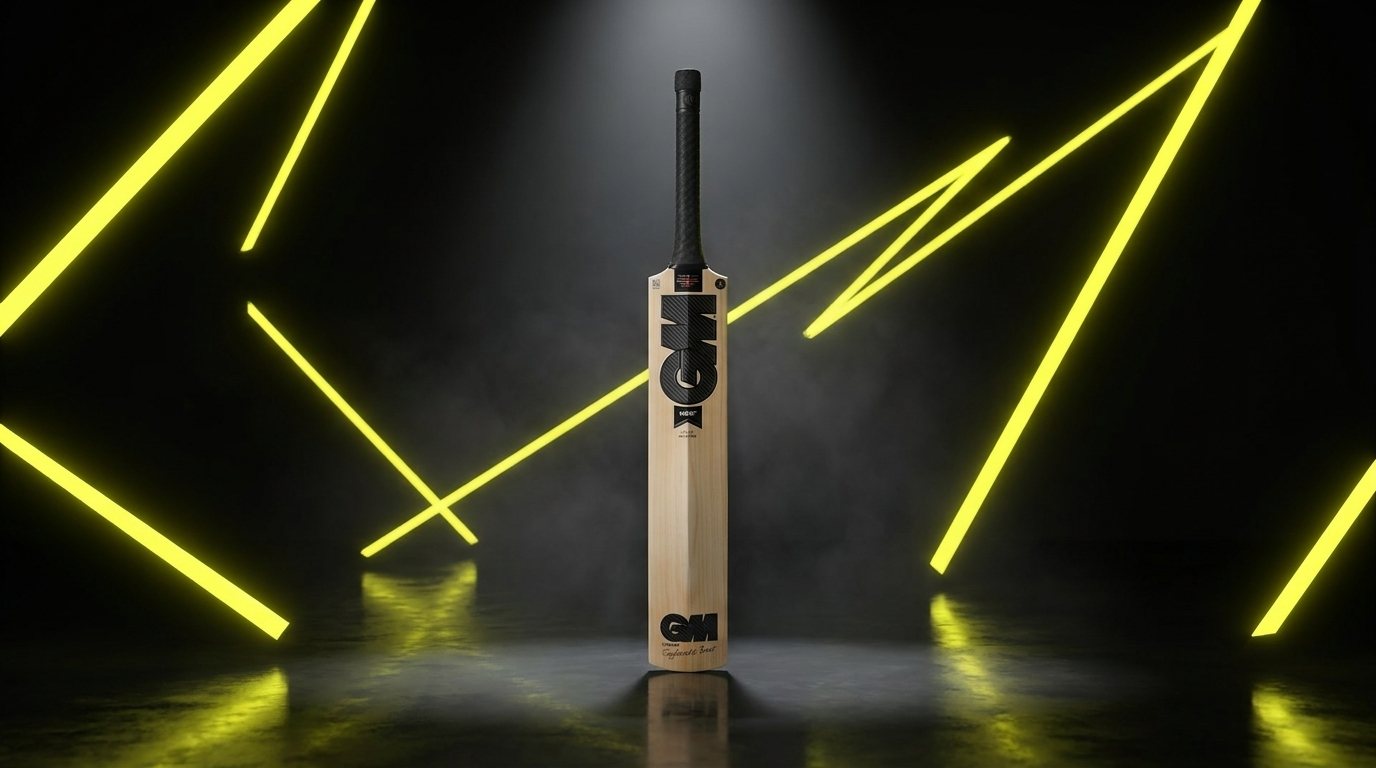 GM Noir cricket bat with black stickers standing in a dark studio lit by glowing yellow light beams