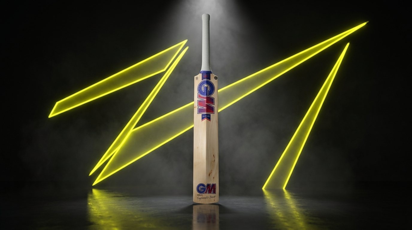 GM Radon Select cricket bat standing in a dark studio lit by glowing yellow light beams
