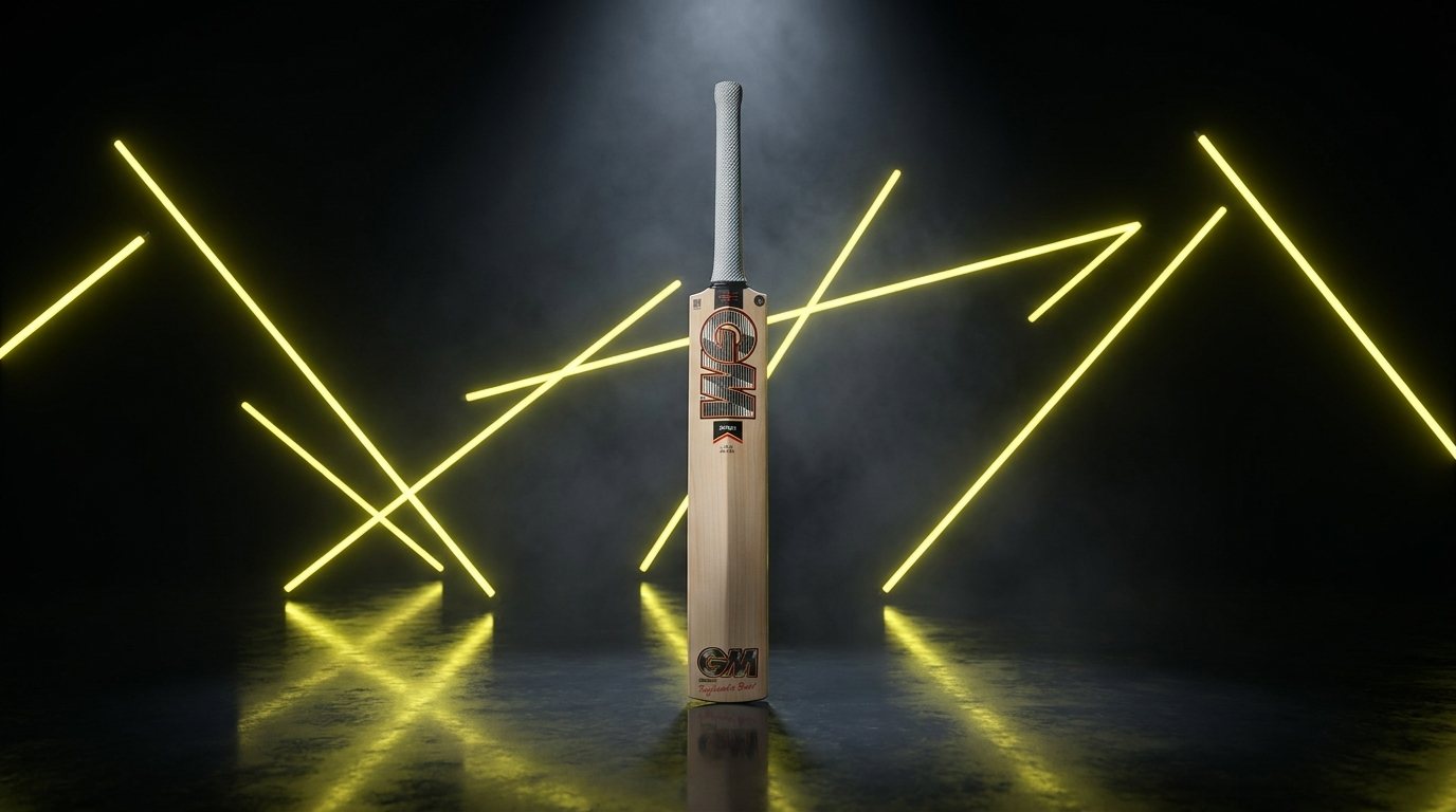 GM Rival cricket bat standing in a dark studio lit by crossing yellow light beams