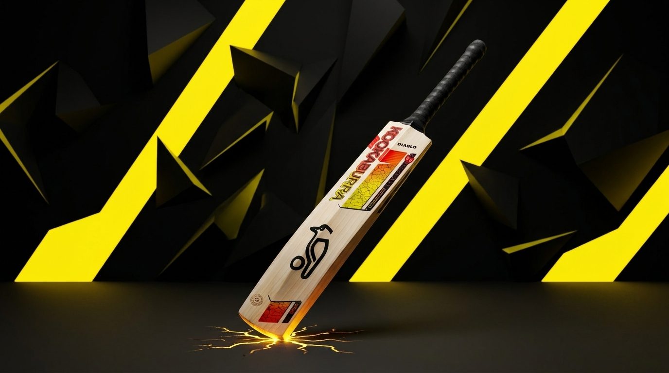 Kookaburra Diablo 2026/27 cricket bat at an aggressive angle with an impact crack of light beneath the toe