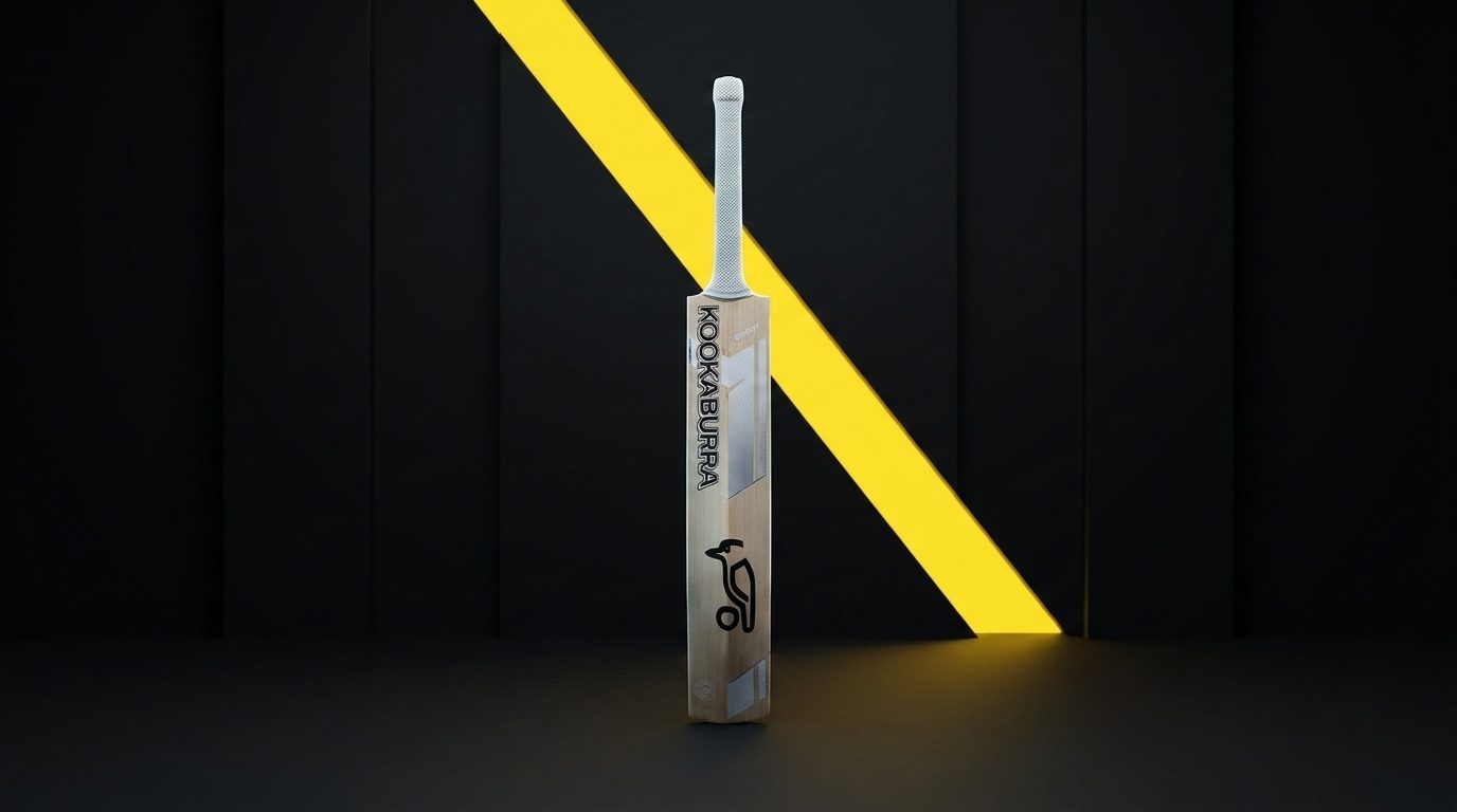Kookaburra Ghost 2026/27 cricket bat in a dark studio with yellow geometric panels