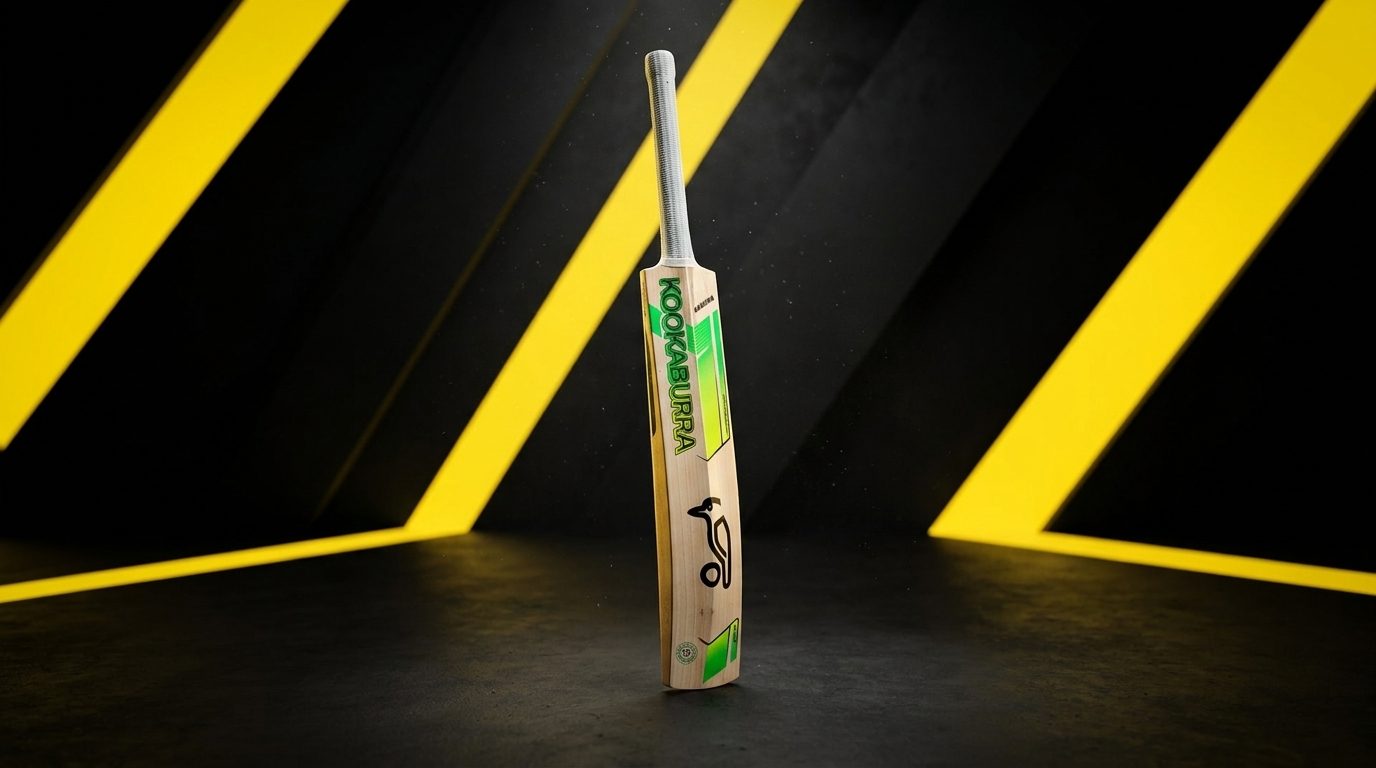 Kookaburra Kahuna 2026/27 cricket bat standing in a dark studio with yellow diagonal bands