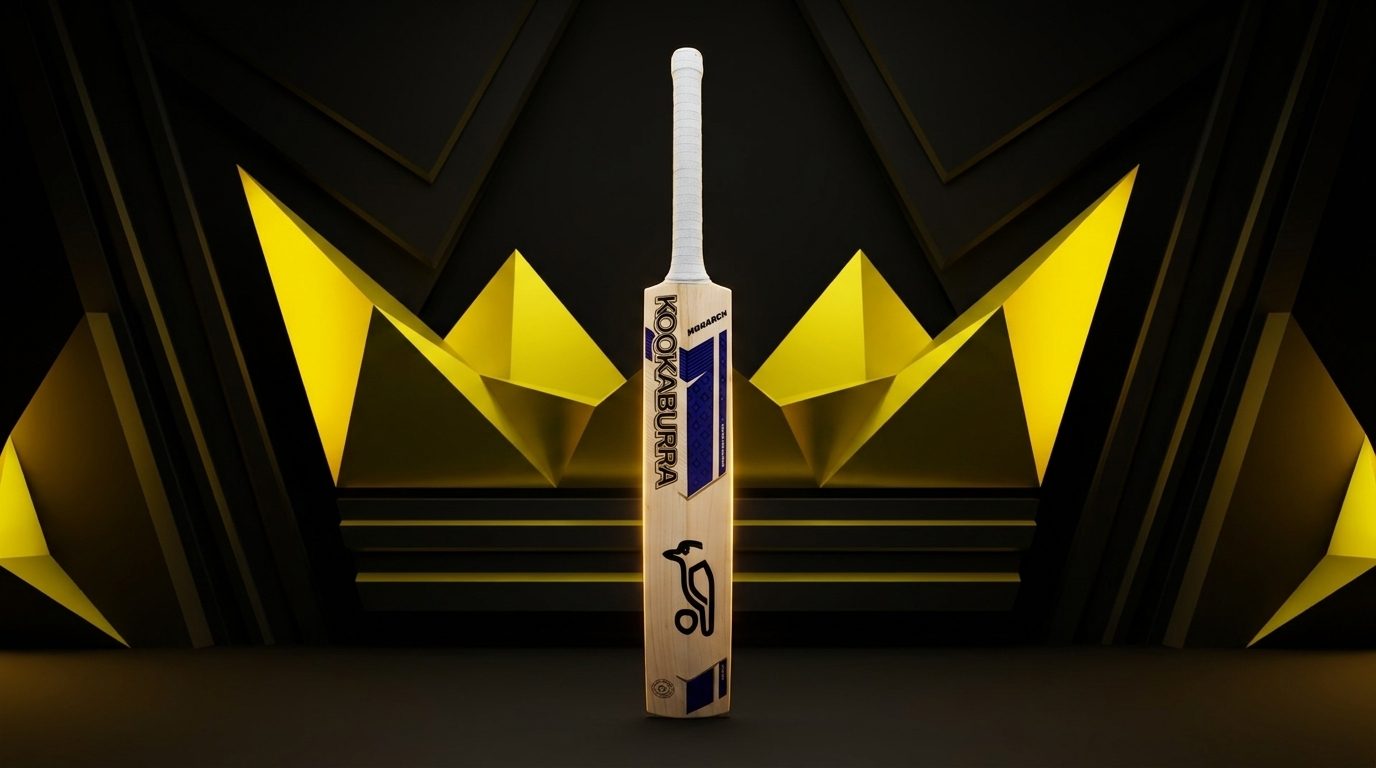 Kookaburra Monarch 2026/27 cricket bat standing upright in a dark studio with regal yellow geometric facets