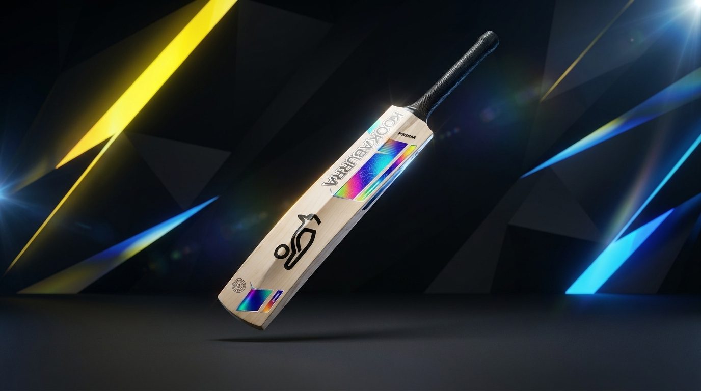 Kookaburra Prism 2026/27 cricket bat tilted dynamically among prismatic yellow light beams