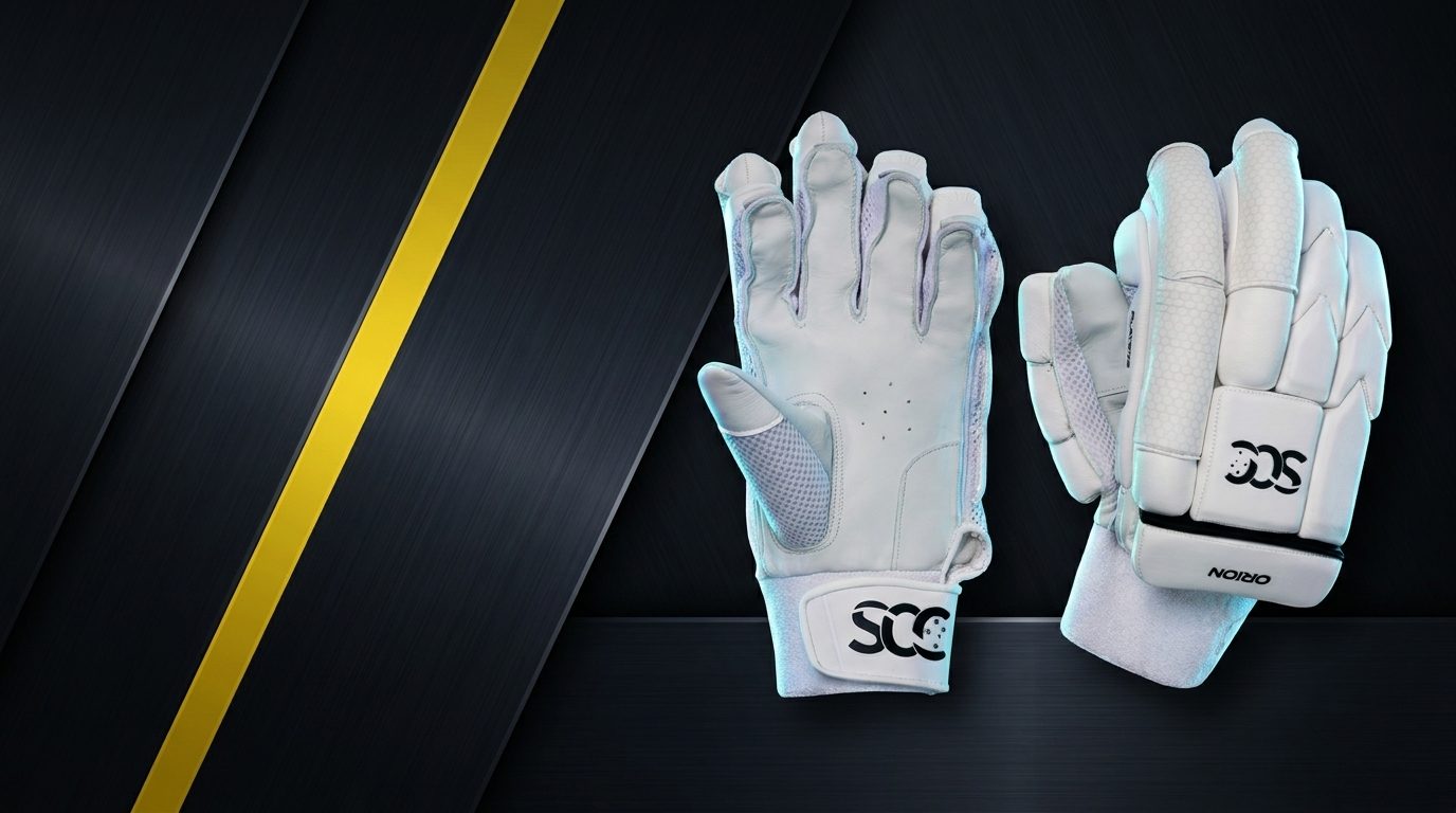 SCC Orion Players batting gloves in a dark midnight studio with a yellow band
