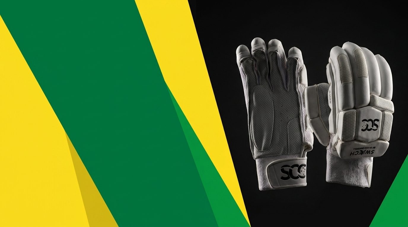 SCC SWITCH GM32 Players batting gloves in a dark studio with yellow geometric panels